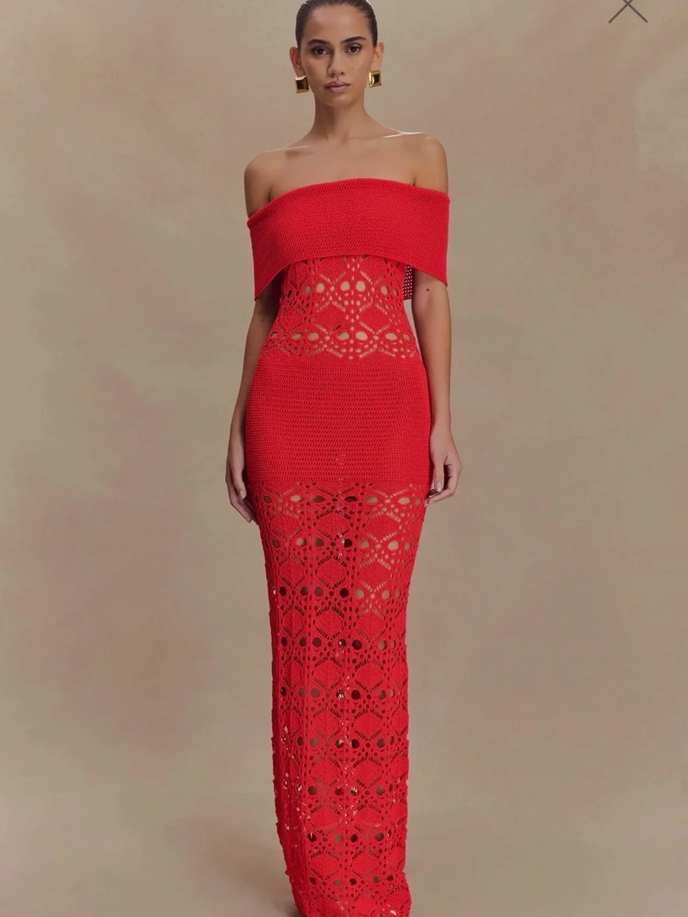 Meshki Off-Shoulder Red Crochet Maxi Dress - Picture 1 of 5